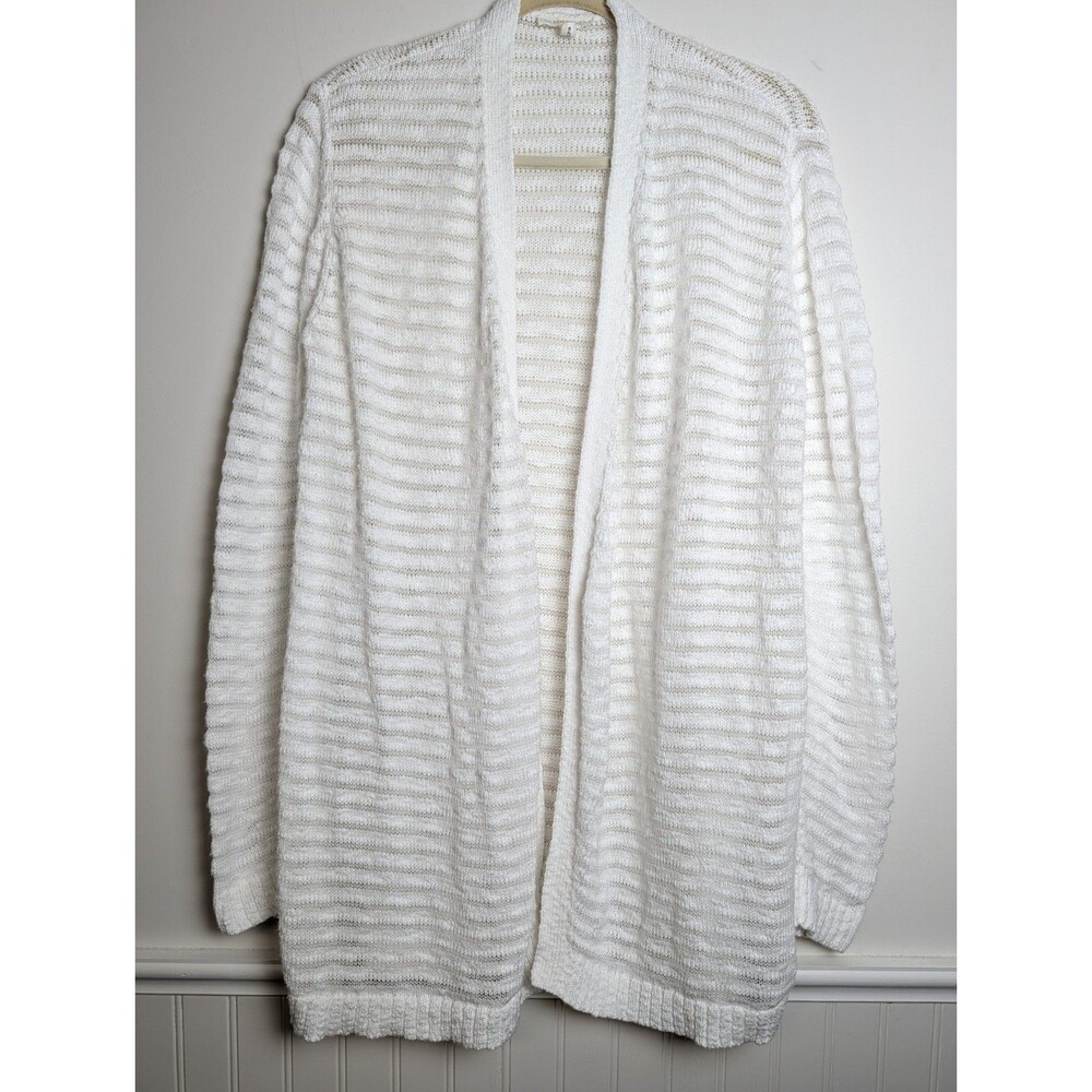 Eileen Fisher Ribbed Organic Cotton Long Cardigan Ivory Size Large Boho Open